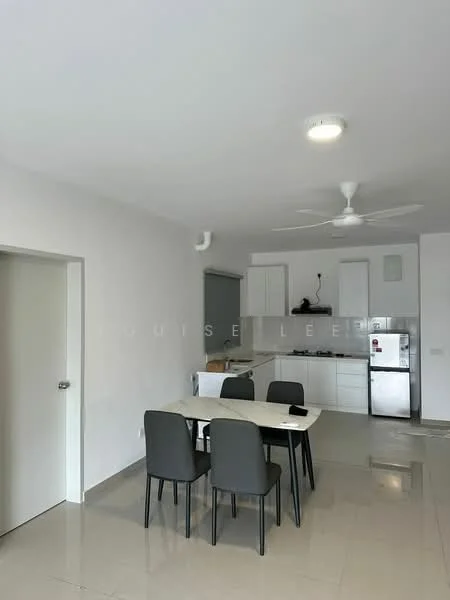 Dining features: 4-seater dining table, grey upholstered dining chairs, white walls, recessed downlights, polished tile flooring, ceiling fan, open kitchen layout, kitchen cabinets, stainless-steel fridge; style: modern. Kitchen features: white cabinetry, stainless-steel appliances, countertop, sink, kitchen island; style: modern.