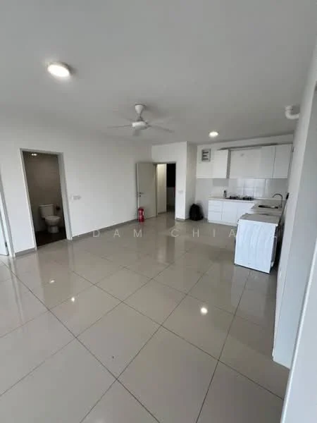 Living features: white painted walls, glossy ceramic tile flooring, ceiling fan, recessed downlights, open kitchen layout, kitchen cabinetry with white finish, stainless-steel sink, built-in washing machine, fire extinguisher, door leading to bathroom, door leading to hallway; style: modern. Bathroom features: white walls, ceramic tile flooring, one-piece toilet, sink with faucet, mirror, shower area.