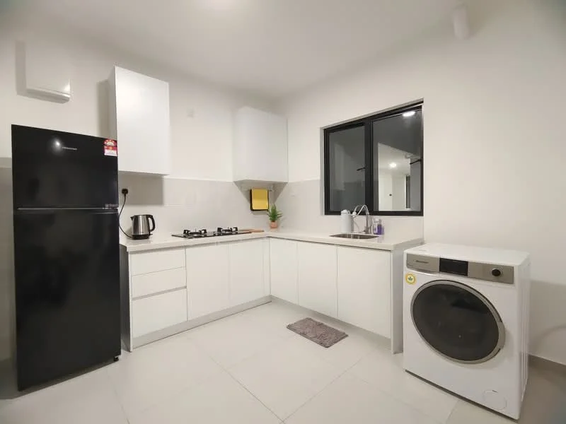 Kitchen features: white cabinetry, black refrigerator, built-in gas hob, stainless-steel sink, chrome pull-down faucet, white countertop, grey tile backsplash, window with black frame, washing machine, kettle, grey floor tiles; style: modern.