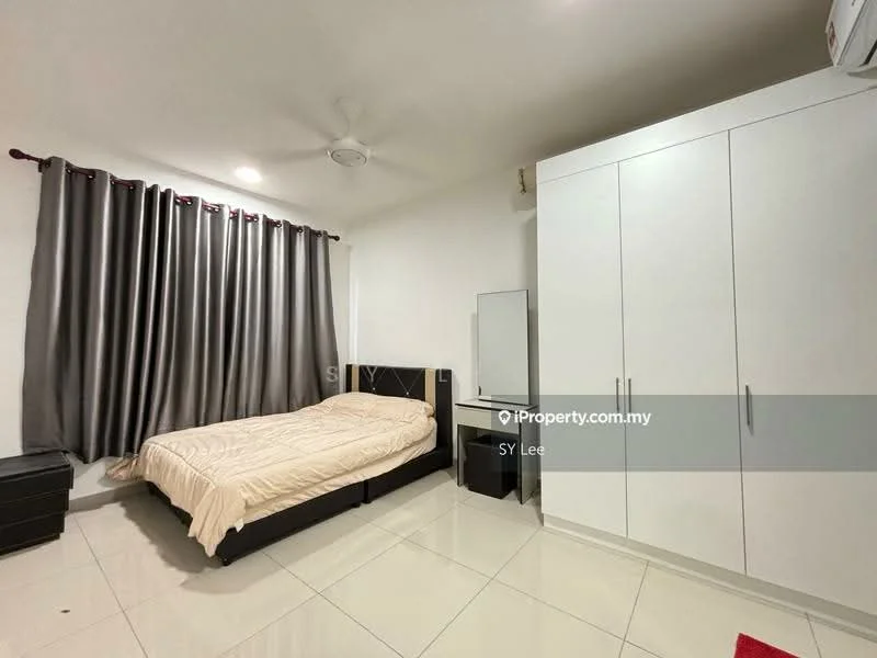 Bedroom features: queen-size bed with beige bedding, black upholstered bed frame, white built-in wardrobe with sliding doors, full-length mirror, grey curtains, ceiling fan, white tiled flooring, nightstand with drawer; style: modern.