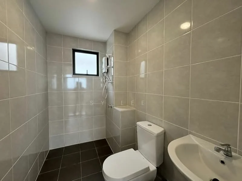 Bathroom features: grey ceramic tile walls, dark ceramic tile flooring, one-piece toilet, sink with chrome faucet, shower with wall-mounted showerhead, window for natural light, mirror above sink, built-in shower shelf; style: modern.