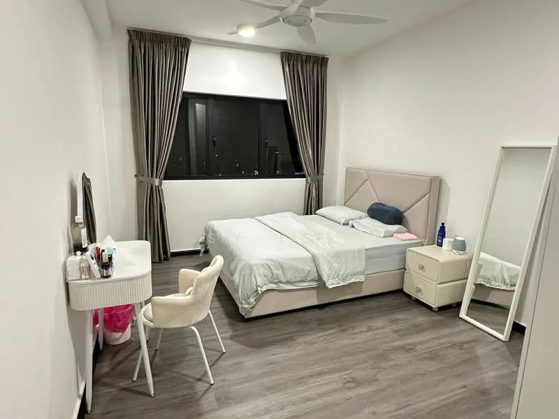 Bedroom features: king-size bed with upholstered headboard, light grey bedding, white walls, wooden flooring, floor-to-ceiling windows, grey curtains, white bedside table, full-length mirror, desk with chair, desk lamp, decorative items on desk; style: modern; view: city.