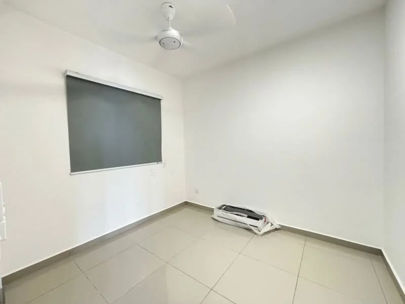 Room features: white painted walls, grey roller blinds, tile flooring, ceiling fan, single window; style: modern.