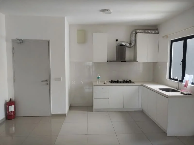 Kitchen features: white cabinetry, stainless-steel sink, chrome pull-down faucet, gas hob, exhaust hood, white tiled backsplash, grey countertop, ceramic tile flooring, window with black frame, fire extinguisher, door to hallway; style: modern.