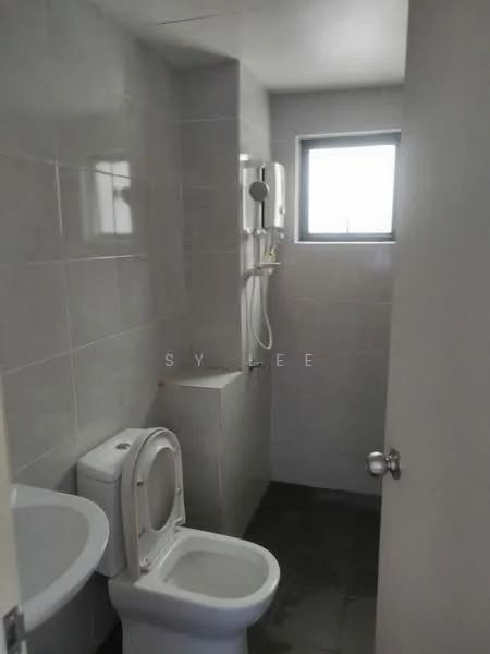 Bathroom features: grey tiled walls, black tiled flooring, one-piece toilet, shower area with wall-mounted showerhead, window for natural light, wall-mounted water heater; style: modern.