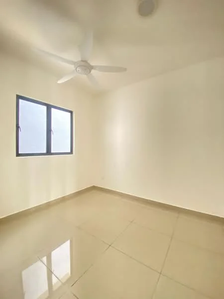 Room features: white painted walls, glossy ceramic tile flooring, ceiling fan, single window, natural light, neutral color scheme; style: modern.