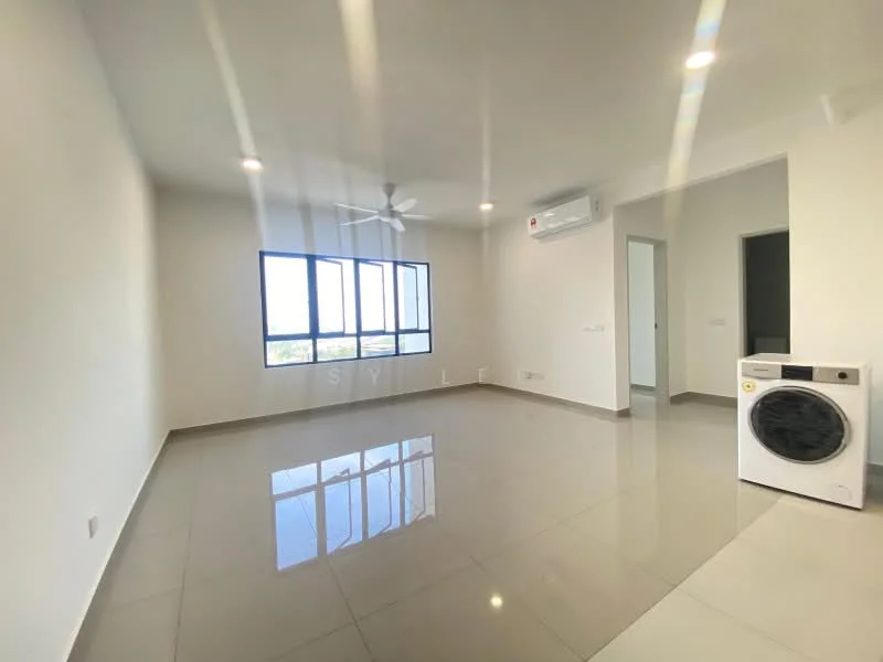 Living features: white painted walls, glossy ceramic tile flooring, 5-blade ceiling fan with light, floor-to-ceiling windows, wall-mounted split AC, recessed downlights, washing machine, neutral color scheme; style: modern; view: city.