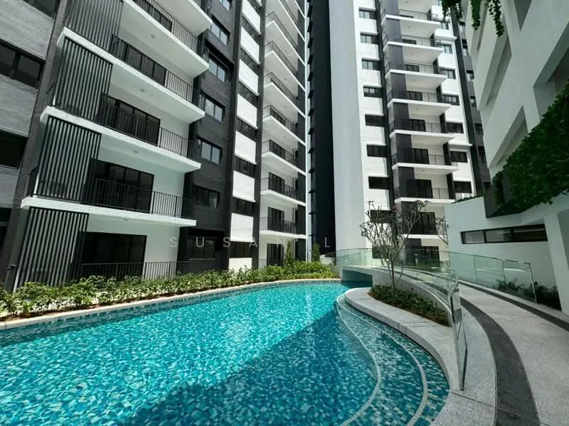 Exterior type: high-rise condominium; features: swimming pool with curved edge, landscaped garden area, balconies on residential units, glass railing around pool area, tiled pool deck, water feature, mature trees, modern architectural design, multiple storeys, surrounded by greenery; style: modern.