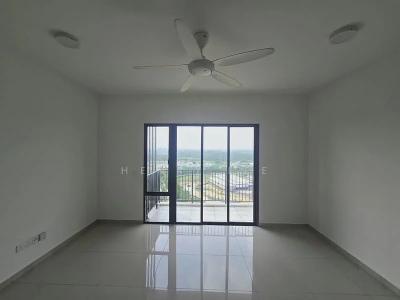 Living features: white painted walls, polished ceramic tile flooring, 5-blade ceiling fan with light, floor-to-ceiling sliding glass door, balcony view, recessed downlights; style: modern; view: city.