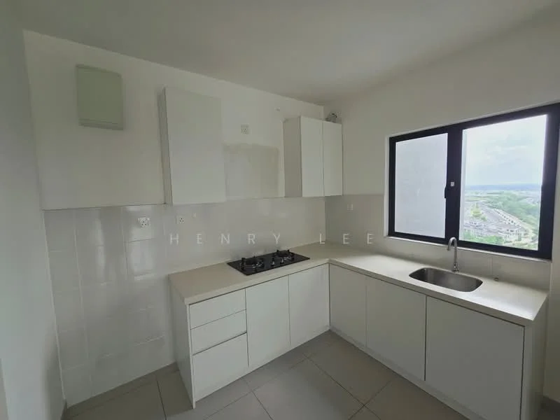 Kitchen features: white cabinetry, single-bowl stainless-steel sink, chrome pull-down faucet, built-in gas hob, white countertop, white tiled backsplash, grey floor tiles, floor-to-ceiling window, wall-mounted kitchen cabinet, under-cabinet lighting; style: modern; view: city.