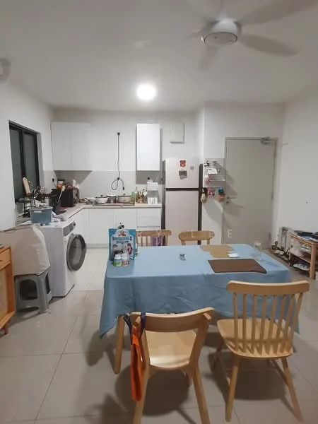 Kitchen features: white cabinetry, stainless-steel fridge, built-in oven, 4-burner gas hob, single-bowl stainless-steel sink, chrome pull-down faucet, washing machine, grey tiled flooring, ceiling fan, dining table with blue tablecloth, 4 wooden dining chairs, open shelving, window with black frame; style: modern.