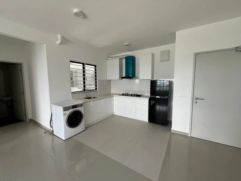 Kitchen features: white shaker cabinets, marble countertop, stainless-steel sink, chrome pull-down faucet, built-in gas hob, built-in oven, stainless-steel fridge, front-load washing machine, ceramic tile flooring, white painted walls, recessed downlights, window with black frame; style: modern. Room features: grey ceramic tile flooring, white painted walls.