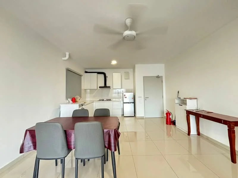 Dining features: 4-seater dining table with maroon tablecloth, grey upholstered dining chairs, white walls, polished ceramic tile flooring, ceiling fan, window with roller blinds, open layout to kitchen, fire extinguisher on floor, sideboard table against wall; style: modern. Kitchen features: white cabinetry, stainless-steel fridge, built-in gas stove, exhaust hood, sink with faucet, countertop space, tile backsplash; style: modern.