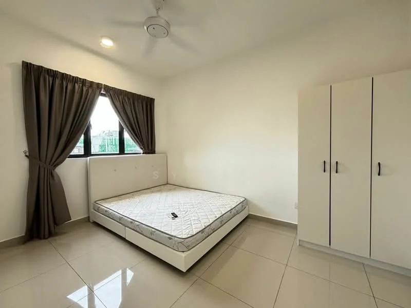 Bedroom features: queen-size bed frame without mattress, built-in wardrobe with two doors, floor-to-ceiling window, dark brown curtains, white painted walls, glossy ceramic tile flooring, ceiling fan, light fixture on ceiling; style: modern.