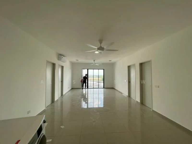 Living features: white painted walls, polished ceramic tile flooring, 5-blade ceiling fan, floor-to-ceiling windows, sliding glass door, natural light from windows, neutral color scheme, open layout; style: modern; view: garden. Room features: white painted walls, polished ceramic tile flooring, doors leading to other rooms.