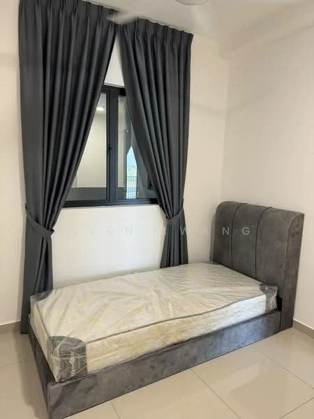 Bedroom features: single bed, upholstered headboard, grey bed frame, white mattress, floor-to-ceiling window, grey curtains, white painted walls, glossy tile flooring; style: modern.
