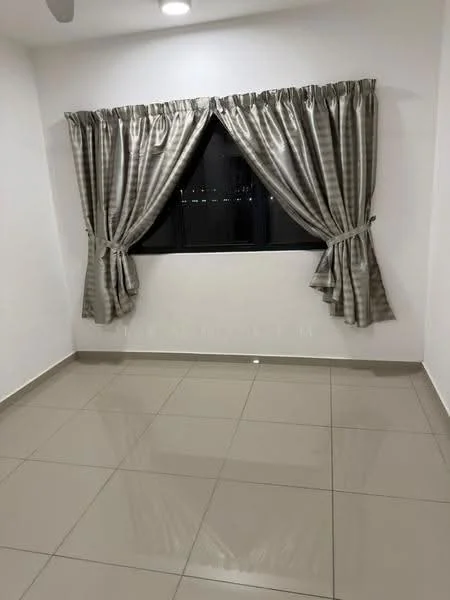 Room features: white painted walls, grey patterned curtains, floor-to-ceiling window, glossy ceramic tile flooring, recessed ceiling lights; style: modern; view: city.