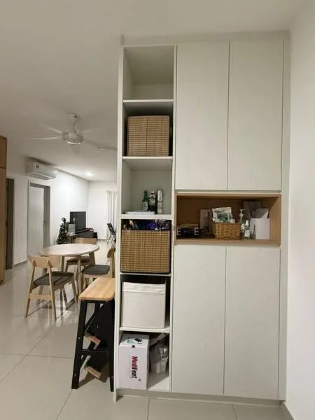 Room features: built-in cabinetry with open shelving, white laminate finish, storage baskets in various sizes, neutral wall colour, tile flooring, ceiling fan, wall-mounted air conditioning unit, dining table with wooden legs, four wooden dining chairs, decorative items on shelves; style: modern.
