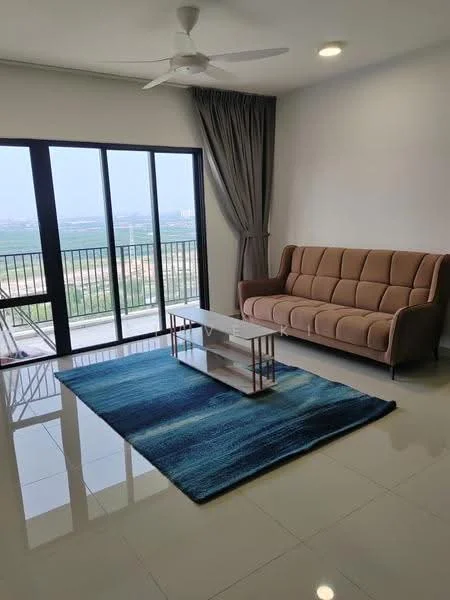 Living features: 3-seater fabric sofa in beige, coffee table with metal legs, area rug with blue pattern, floor-to-ceiling windows, curtains in grey, ceiling fan, recessed downlights, glossy tile flooring, view of landscape, wall-mounted TV, decorative wall art; style: modern; view: landscape.