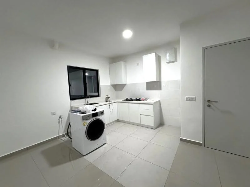 Kitchen features: white cabinetry, single-bowl stainless-steel sink, chrome pull-down faucet, built-in gas hob, white tiled backsplash, washing machine, grey ceramic tile flooring, recessed LED downlights, window with black frame, white walls; style: modern.