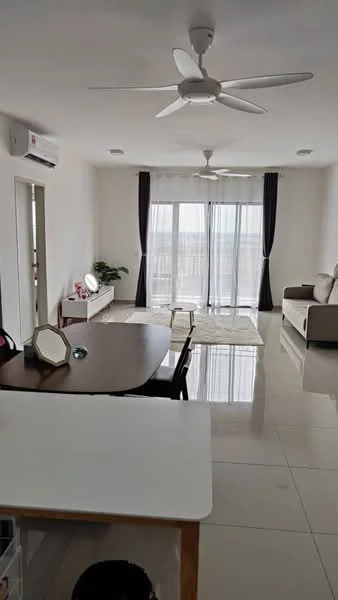 Living features: white painted walls, glossy tile flooring, 5-blade ceiling fan with light, floor-to-ceiling windows, sheer curtains, sliding glass door, sofa in beige, coffee table, TV console, area rug, decorative plants, wall-mounted TV; style: modern; view: city. Dining features: dining table, chairs, open shelving, decorative mirror; style: modern.