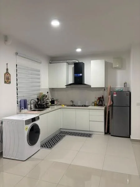 Kitchen features: white cabinetry, grey countertop, stainless-steel range hood, built-in oven, freestanding fridge, front-load washing machine, ceramic tile flooring, recessed LED downlights, window with blinds, kitchen mat, sink, kitchen utensils on countertop; style: modern.