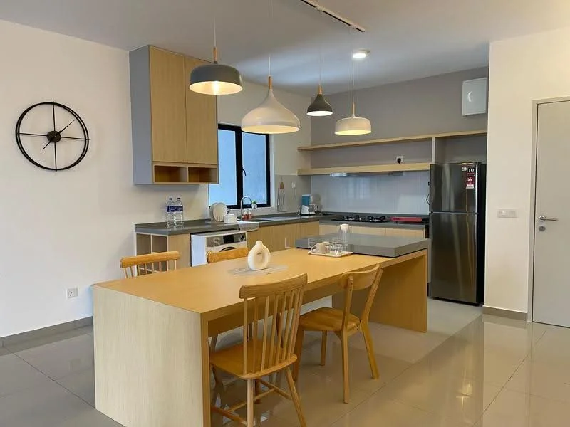 Kitchen features: light wood cabinetry, grey countertop, stainless-steel fridge, built-in gas stove, white backsplash, pendant lighting, dining table with light wood finish, four wooden dining chairs, floor-to-ceiling window, grey tile flooring, wall-mounted clock; style: modern.
