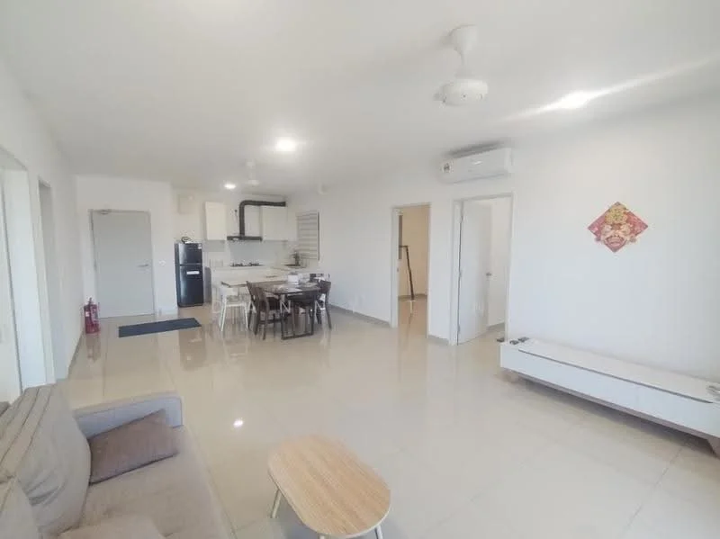 Living features: light-colored walls, glossy tile flooring, 5-blade ceiling fan with light, wall-mounted TV cabinet, coffee table, sofa, open layout to dining area, air conditioning unit; style: modern. Dining features: dining table with chairs, open layout to living area, kitchen visible in background; style: modern. Kitchen features: black refrigerator, stainless-steel sink, kitchen cabinetry, countertop, stove, oven; style: modern.
