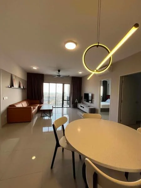 Living features: 3-seater leather sofa in brown, round dining table with white top, 4 dining chairs in black and white, ceiling fan, recessed downlights, large sliding glass door, floor-to-ceiling windows, curtains in dark brown, tile flooring in light color, wall-mounted TV, decorative wall art; style: modern; view: city. Room features: open layout, access to balcony.