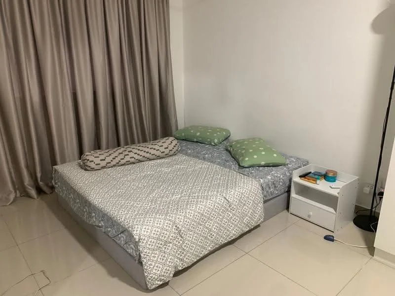 Bedroom features: queen-size bed, light grey bedding with geometric pattern, two green pillows with white polka dots, decorative bolster pillow, white bedside table, ceramic cup on bedside table, cream curtains, glossy tiled flooring; style: minimalist.