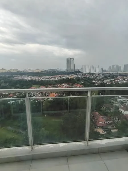 Room features: glass railing, concrete flooring, city skyline view, greenery view, overcast sky; view: city.