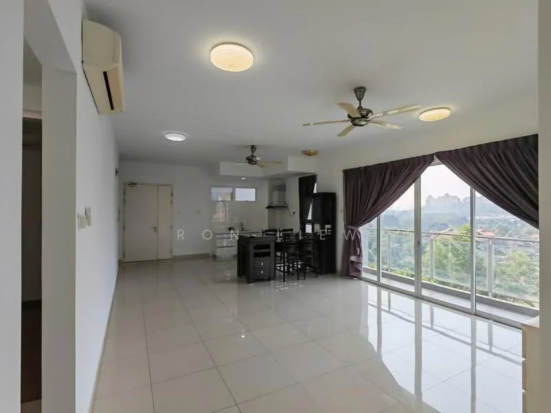Living features: white painted walls, glossy tile flooring, 5-blade ceiling fan with light, 2 ceiling lights, floor-to-ceiling windows, sliding glass door, dark curtains, black dining table with chairs, kitchen island, air conditioning unit; style: modern; view: city.