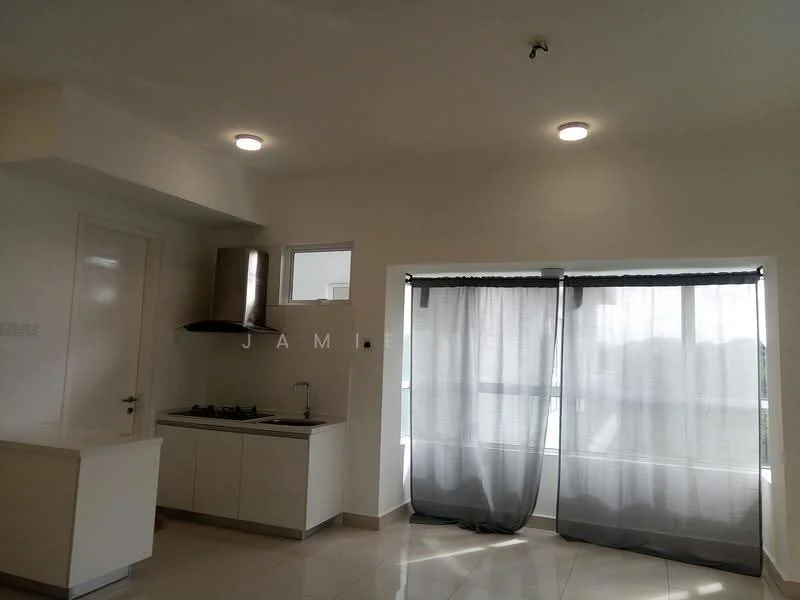 Kitchen features: white cabinetry, stainless-steel range hood, 4-burner gas hob, single-bowl stainless-steel sink, chrome pull-down faucet, white walls, recessed downlights, tile flooring, floor-to-ceiling windows, sheer curtains; style: modern; view: city.