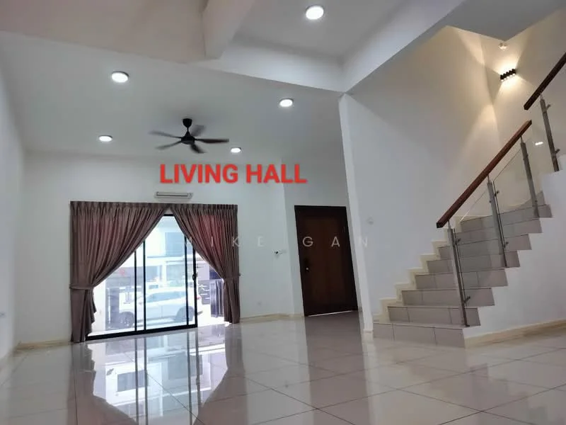 Living features: white painted walls, glossy ceramic tile flooring, 5-blade ceiling fan with light, recessed downlights, large window with sheer curtains, double-door main entrance, staircase with wooden railing, open layout, neutral color palette; style: modern.