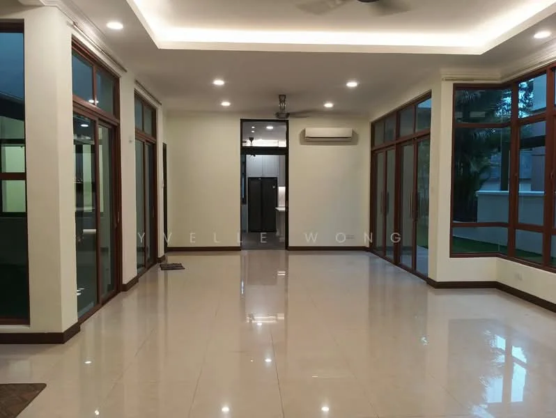 Living features: white painted walls, polished marble flooring, tray ceiling with recessed lighting, floor-to-ceiling windows, sliding glass door, ceiling fan, air conditioning unit, open layout, natural light, neutral color palette; style: modern; view: garden. Room features: white painted walls, polished marble flooring, floor-to-ceiling windows, sliding glass door, air conditioning unit.