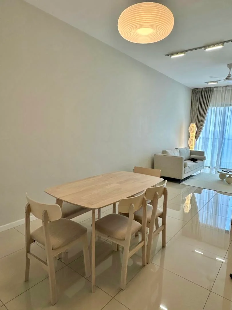 Dining features: 4-seater dining table in light wood, upholstered dining chairs in beige, glossy ceramic tile flooring, white painted walls, recessed LED downlights, pendant light fixture, floor-to-ceiling windows with sheer curtains, sofa in light fabric, decorative floor lamp; style: modern; view: city.