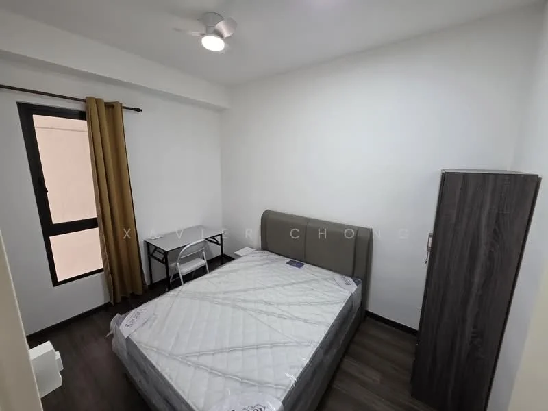 Bedroom features: queen-size bed, upholstered headboard, white bedding, wooden wardrobe, study desk, white chair, floor-to-ceiling window, curtains in beige, ceiling light fixture, laminate flooring, white painted walls; style: modern.