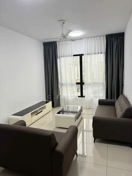 Living features: 2 brown fabric sofas, glass coffee table, white TV console, floor-to-ceiling windows, sheer curtains, blackout curtains, ceiling fan with light, glossy tile flooring, white painted walls, decorative wall art; style: modern; view: city.