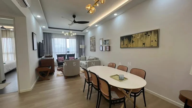 Dining features: 6-seater dining table, wooden dining chairs, pendant light fixture, wall-mounted TV, decorative artwork on walls, laminate flooring, air conditioning unit, large windows with sheer curtains; style: modern. Living features: 3-seater fabric sofa, coffee table, area rug, decorative cushions, wall-mounted artwork, floor-to-ceiling windows, ceiling fan, TV console; style: modern.