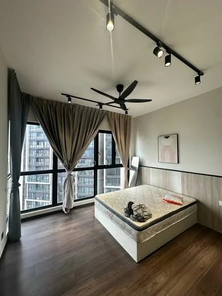 Bedroom features: wooden flooring, floor-to-ceiling windows, blackout curtains, sheer curtains, 5-blade ceiling fan, wall-mounted artwork, upholstered bed frame, decorative wall paneling; style: modern; view: city.