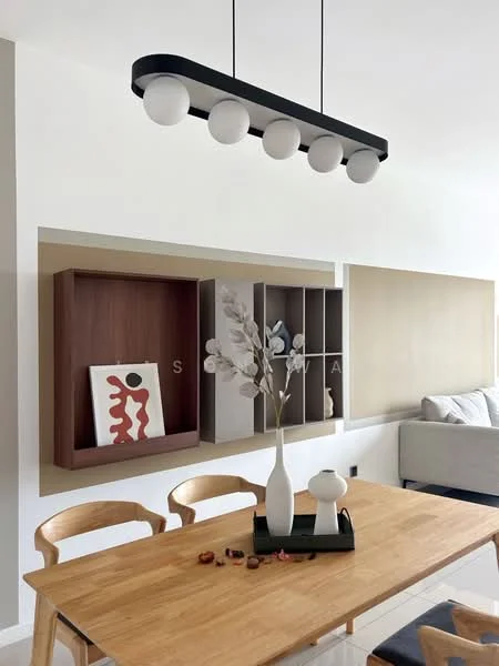 Dining features: wooden dining table, 4 wooden dining chairs, modern pendant light with five globes, decorative vase with flowers, abstract artwork on wall, open shelving units with decorative items, neutral wall color, light-colored flooring; style: modern.
