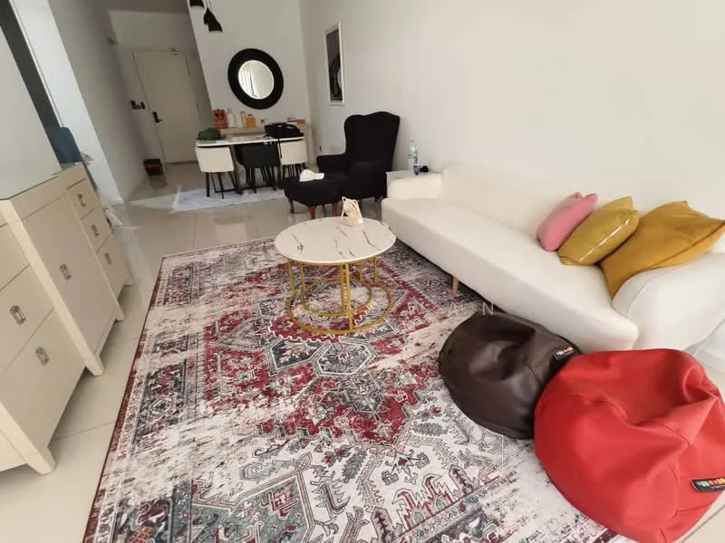 Living features: white fabric sofa, decorative cushions in pink and yellow, round coffee table with gold legs, area rug with intricate pattern, bean bags in brown, wall-mounted mirror, black accent chair, dining table with four chairs, white walls, tile flooring, recessed lighting; style: modern.