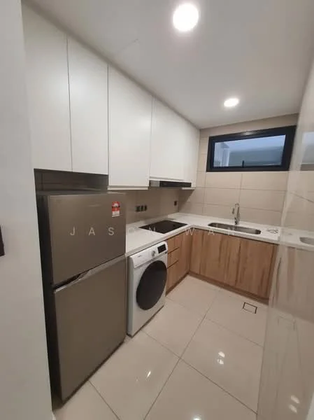 Kitchen features: white upper cabinets, wood lower cabinets, stainless-steel fridge, front-load washing machine, single-bowl stainless-steel sink, chrome pull-down faucet, ceramic tile backsplash, white tiled walls, polished tile flooring, recessed LED downlights, window with view, countertop space; style: modern.