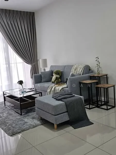 Living features: 3-seater fabric sofa in grey, accent chair in grey, coffee table with black metal frame, area rug with geometric pattern, floor lamp, decorative plant in ceramic pot, throw blanket, decorative cushion, curtains in grey, large window with sheer curtains, white painted walls, glossy tile flooring; style: modern.