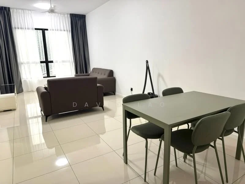 Living features: white painted walls, glossy ceramic tile flooring, floor-to-ceiling windows, sheer curtains, 3-seater fabric sofa in brown, 2-seater fabric sofa in grey, dining table with 4 green upholstered chairs, ceiling fan, vacuum cleaner, area rug; style: modern.