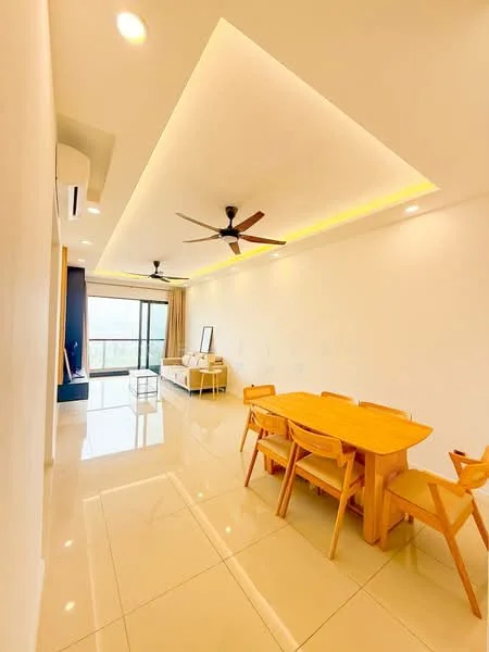 Dining features: dining table with 6 wooden chairs, white painted walls, glossy beige tile flooring, tray ceiling with recessed lighting, 2-blade ceiling fan, floor-to-ceiling windows, curtains, sofa in living area visible, air conditioning unit; style: modern; view: city.