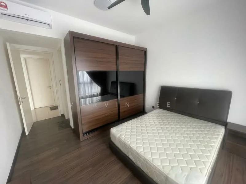 Bedroom features: queen-size bed, upholstered headboard, built-in wardrobe with sliding doors, wooden flooring, wall-mounted split AC, ceiling fan, neutral wall color, window with sheer curtains; style: modern. Room features: white painted walls, door leading to hallway.