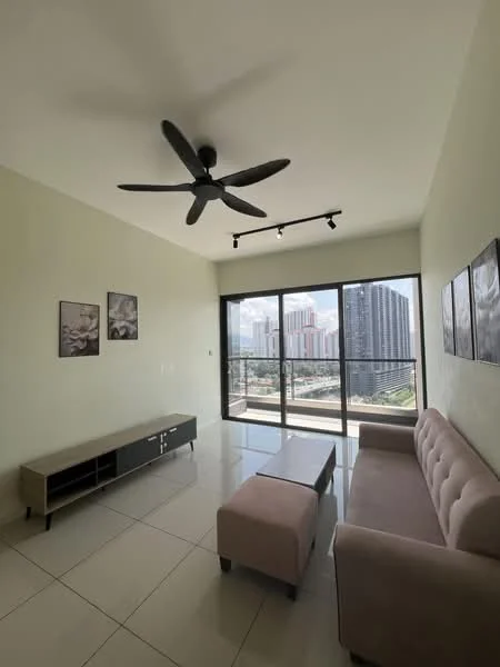 Living features: 3-seater fabric sofa in light beige, coffee table, TV console in dark wood with white accents, floor-to-ceiling windows, city skyline view, recessed LED downlights, 5-blade ceiling fan, light green painted walls, glossy tile flooring; style: modern; view: city.