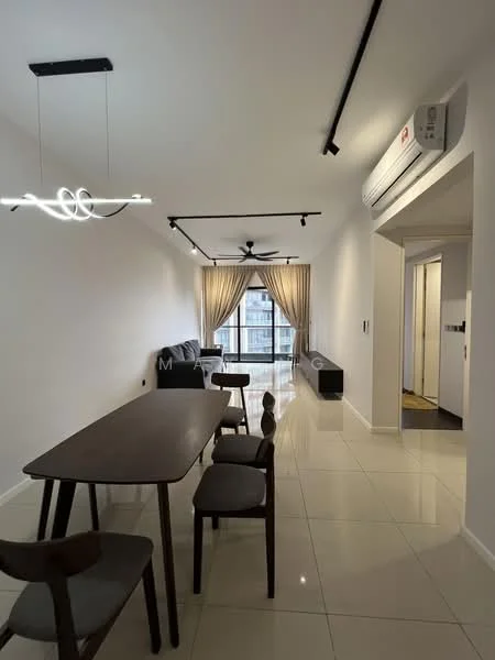 Dining features: rectangular wooden dining table, 4 wooden dining chairs, pendant light fixture, floor-to-ceiling windows, sheer curtains, grey sofa, wall-mounted split AC, polished ceramic tile flooring, white painted walls, ceiling fan with light, black ceiling track lighting; style: modern; view: city.