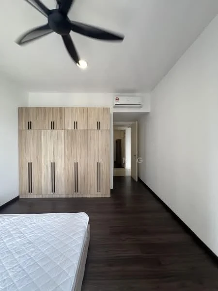 Bedroom features: dark wood laminate flooring, white painted walls, 5-blade ceiling fan with light, built-in wardrobe with wood finish, air conditioning unit, empty bed frame, doorway leading to hallway; style: modern.
